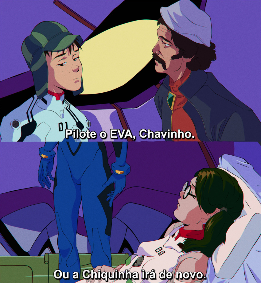 1girl 2boys absurdres artist_request bad_link bodysuit breasts chilindrina closed_mouth don_ramon el_chavo el_chavo_del_ocho facial_hair father_and_daughter glasses highres mexico multiple_boys mustache pilot_suit plugsuit portuguese_text third-party_source