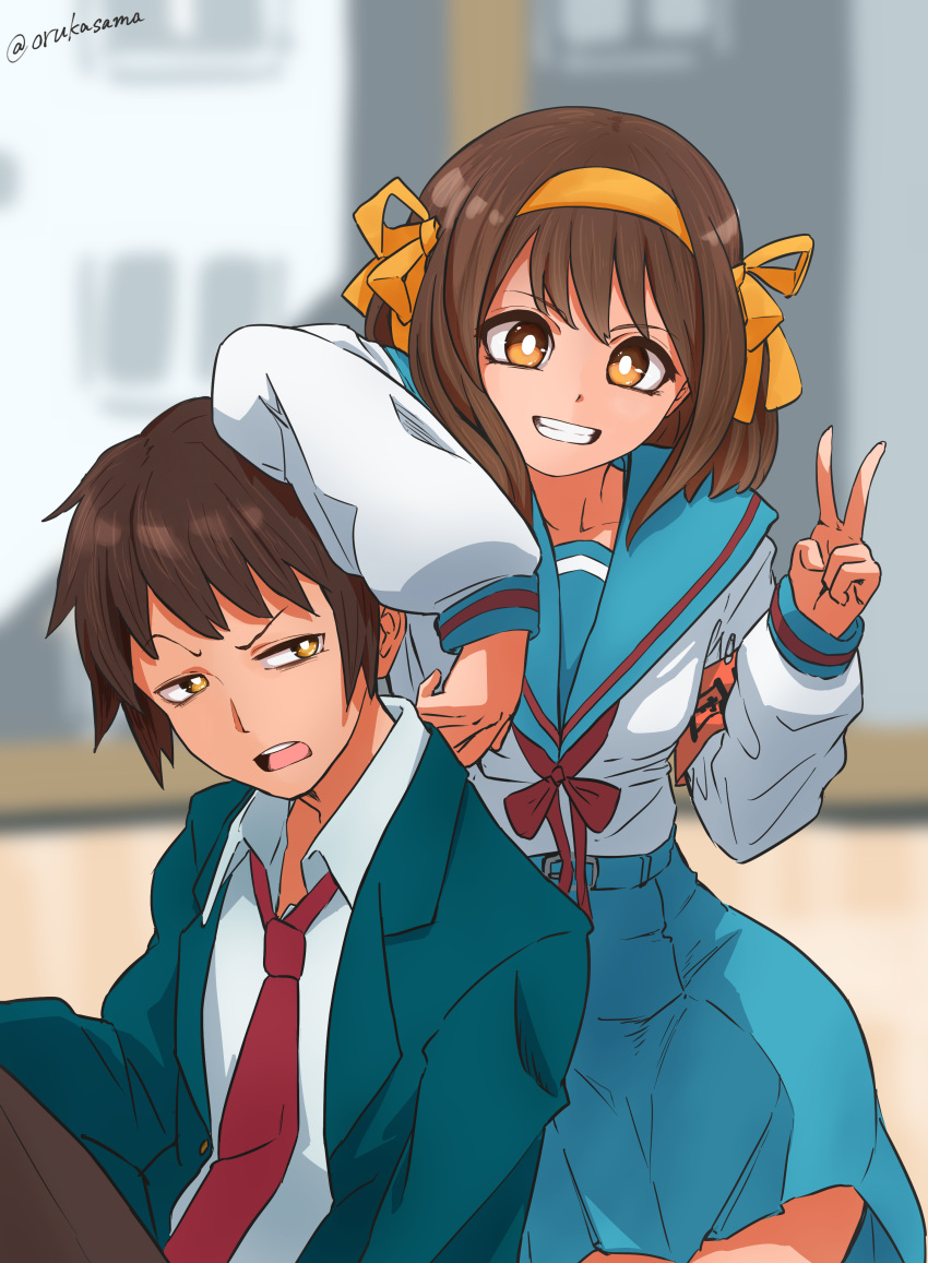 1boy 1girl absurdres armband artist_name blazer blue_sailor_collar blue_skirt bob_cut bright_pupils brown_eyes brown_hair brown_pants commentary english_commentary green_jacket grin hair_ribbon hairband highres jacket kita_high_school_uniform kyon long_sleeves looking_at_viewer medium_hair mixed-language_commentary necktie open_clothes open_jacket open_mouth pants paperclip red_armband red_necktie red_ribbon ribbon sailor_collar school_uniform serafuku short_hair skirt smile suzumiya_haruhi suzumiya_haruhi_no_yuuutsu teeth twitter_username upper_teeth_only v watermark white_pupils winter_uniform wolkat yellow_hairband yellow_pants