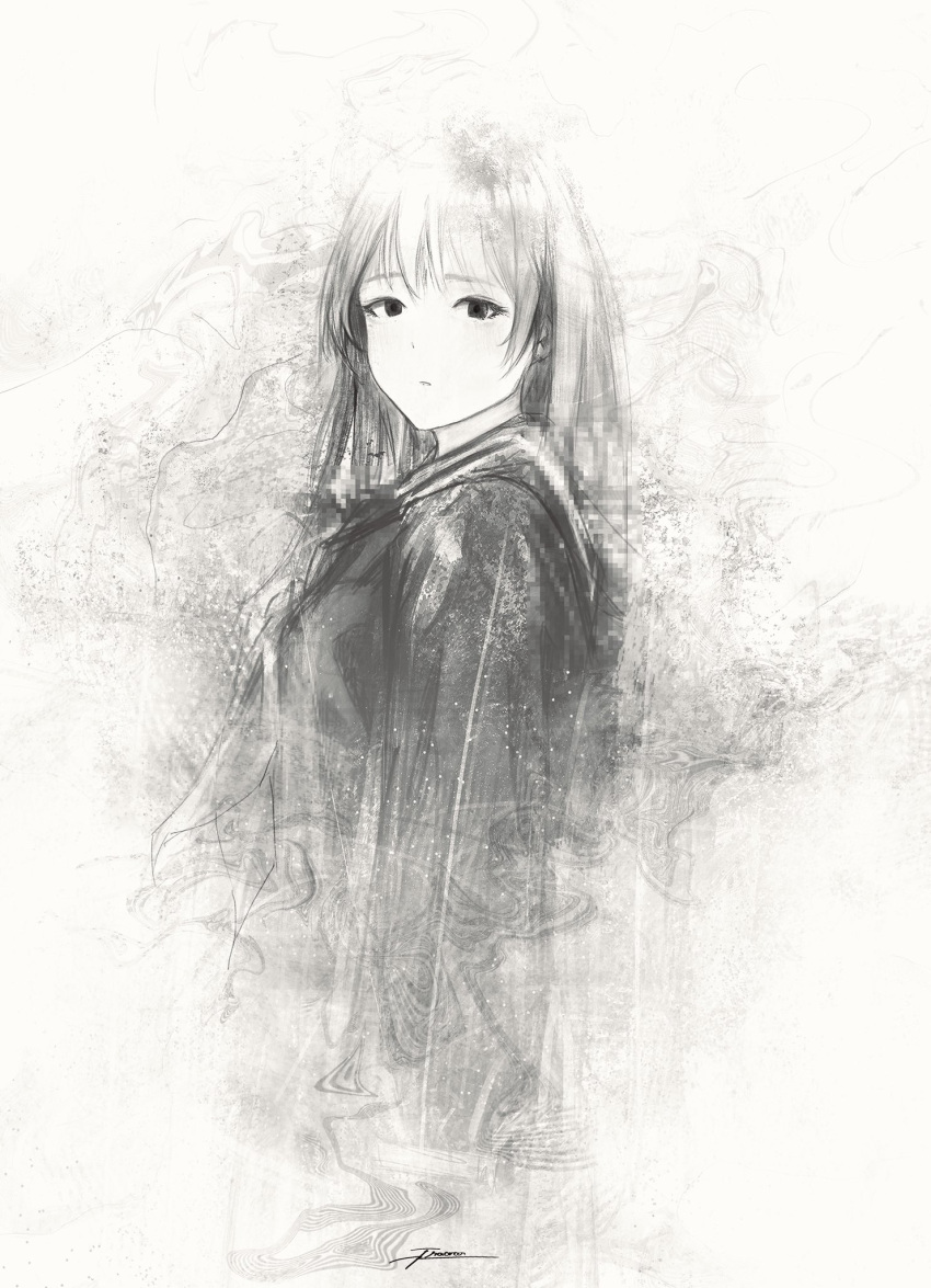 1girl cropped_torso dissolving fracoco grey_eyes highres long_hair looking_at_viewer looking_to_the_side monochrome neckerchief original parted_lips sailor_collar school_uniform serafuku signature simple_background solo white_background