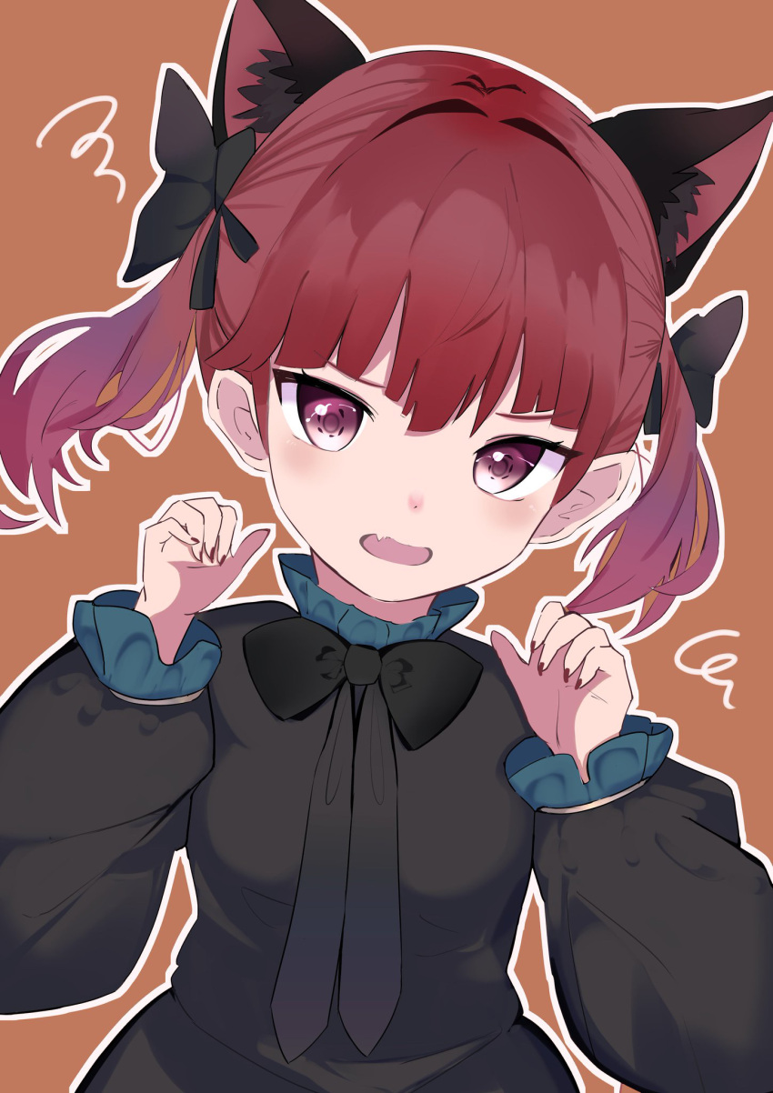 1girl alternate_hairstyle animal_ear_fluff animal_ears black_bow black_bowtie bow bowtie breasts brown_background cat_ears commentary dress extra_ears fang grey_dress hair_intakes hands_up highres kaenbyou_rin kyuu_cat light_blush long_sleeves looking_at_viewer medium_hair nail_polish open_mouth outline puffy_long_sleeves puffy_sleeves red_nails redhead simple_background skin_fang small_breasts solo squiggle touhou twintails upper_body violet_eyes white_outline