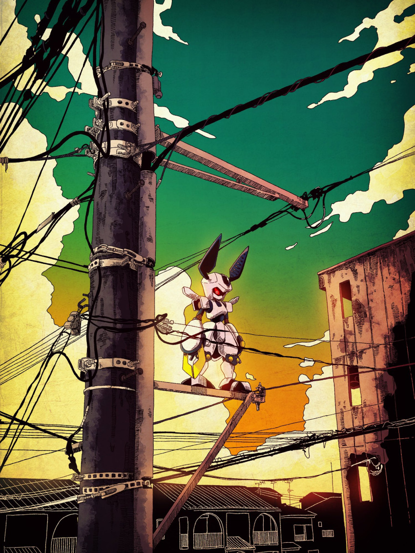 antennae arm_blade arms_at_sides building claw_(weapon) clouds commentary_request green_sky highres house humanoid_robot mecha medarot multicolored_sky no_humans orange_sky outdoors power_lines red_eyes robot rokusho_(medarot) sky solo standing ten_(prop03) utility_pole weapon
