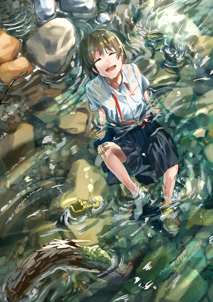1girl :d absurdres ankle_socks arm_support arms_behind_back bandaged_knees bandages bandaid bandaid_on_leg black_skirt branch breast_pocket breasts brown_hair closed_eyes commentary dripping facing_up facing_viewer from_above full_body garapii highres knee_up leaf leaning_back lower_teeth_only moss neck_ribbon open_mouth original outdoors partially_submerged pleated_skirt pocket raised_eyebrows red_ribbon ribbon river rock scenery school_uniform see-through see-through_shirt shirt shoes shoes_removed short_hair short_sleeves single_shoe sitting skirt small_breasts smile sneakers socks solo teeth undone_neck_ribbon water wet wet_clothes wet_hair wet_shirt wet_skirt white_shirt white_socks yellow_footwear