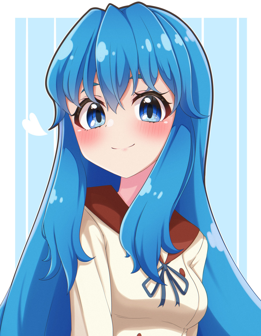 1girl absurdres blue_eyes blue_hair blue_ribbon blush closed_mouth collared_dress commentary dress happinesscharge_precure! heart highres long_hair looking_at_viewer mujin_(mujinzairaisen) neck_ribbon pikarigaoka_middle_school_uniform portrait precure ribbon school_uniform shirayuki_hime smile solo white_dress
