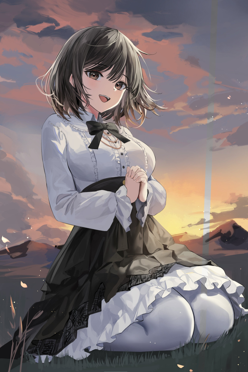 1girl :d absurdres black_hair blush bow bowtie breasts brown_eyes center_frills collared_shirt dress frilled_skirt frills highres lillly long_hair long_sleeves looking_at_viewer medium_hair on_grass original outdoors pantyhose shirt sitting skirt smile solo wariza