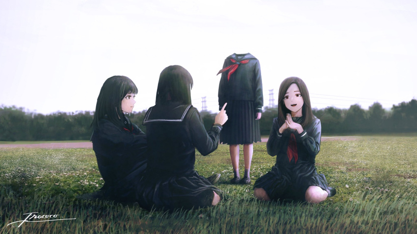4girls black_footwear black_hair blue_sailor_collar blue_serafuku blue_shirt blue_skirt blurry blurry_background brown_eyes brown_hair closed_mouth clouds cloudy_sky commentary day fracoco grass headless highres horror_(theme) index_finger_raised knees_up long_hair long_sleeves multiple_girls neckerchief open_mouth original outdoors pleated_skirt power_lines puffy_sleeves red_neckerchief sailor_collar school_uniform serafuku shirt signature sitting skirt sky smile socks standing steepled_fingers transmission_tower wariza white_socks