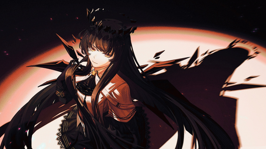 1girl arknights arturia_(arknights) ascot black_ascot black_gloves black_hair black_skirt black_wings brown_eyes charlotte53504 closed_mouth commentary_request detached_wings gloves halo highres lace-trimmed_skirt lace_trim layered_sleeves long_hair long_sleeves looking_at_viewer shadow shirt short_over_long_sleeves short_sleeves skirt solo very_long_hair white_shirt wings