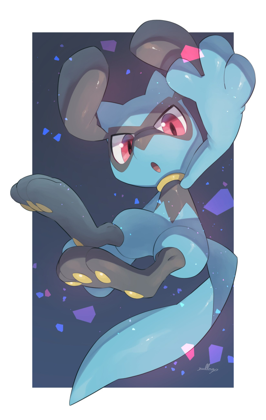 absurdres artist_name border highres looking_at_viewer no_humans nullma open_mouth pokemon pokemon_(creature) riolu signature solo watermark white_border