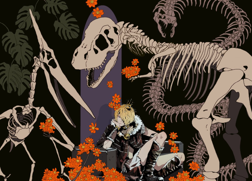 1boy aged_down animal black_capelet blonde_hair blue_eyes capelet crown detached_sleeves dinosaur dinosaur_skeleton fate/grand_order fate_(series) flower full_body giant_snake gold_necklace hair_over_one_eye jewelry l1vwv1l looking_at_viewer male_child male_focus necklace orange_flower oversized_animal pterosaur short_hair sitting skeleton_snake snake solo tezcatlipoca_(fate) tezcatlipoca_(young)_(fate) throne traditional_clothes tyrannosaurus_rex