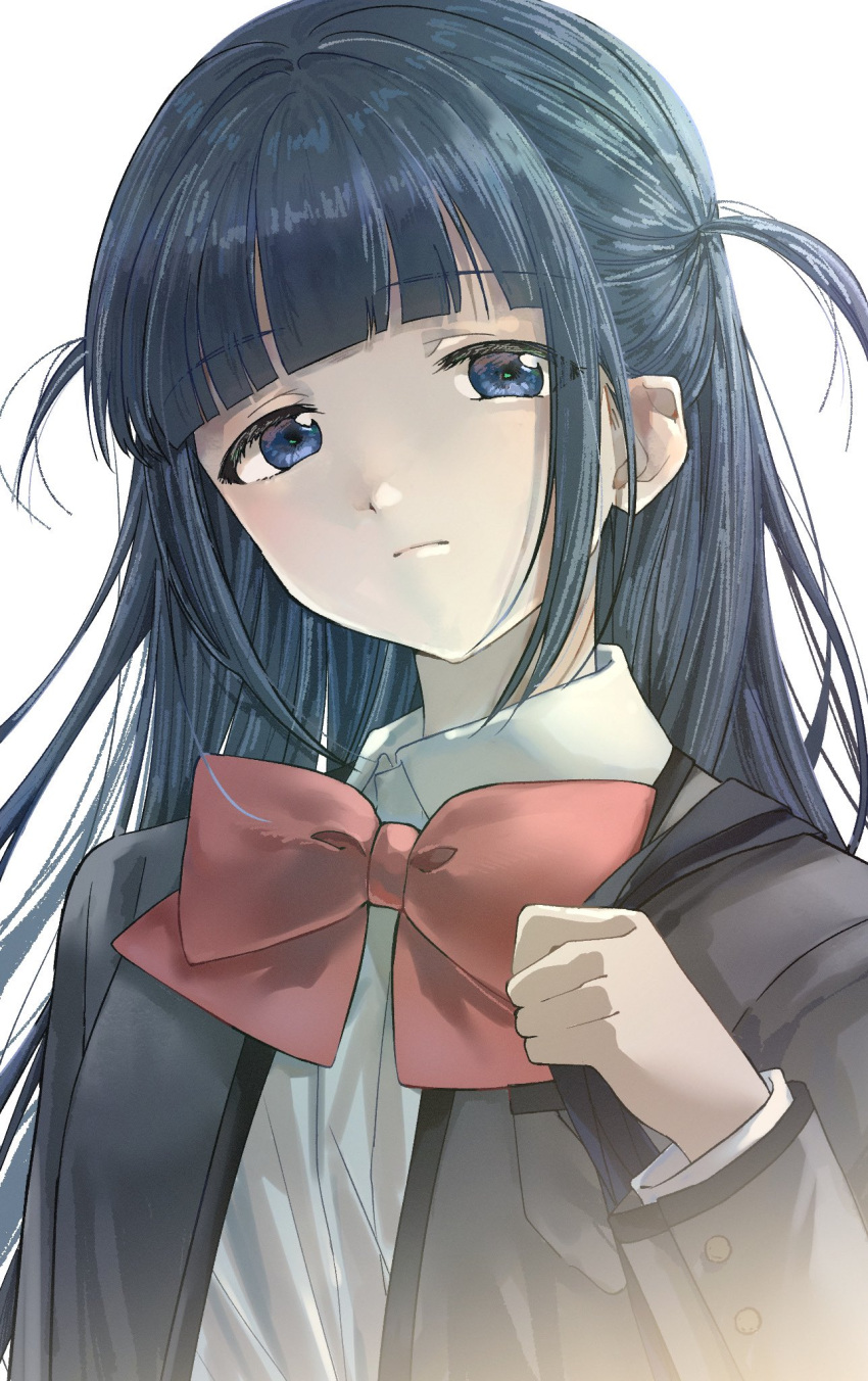 1girl arm_at_side bag black_hair blue_eyes blunt_bangs bow bowtie breast_pocket closed_mouth collared_shirt grey_jacket hand_up head_tilt highres holding_strap jacket long_hair long_sleeves looking_at_viewer nori_(cheiwbciwkxbdjr) open_clothes open_jacket pocket red_bow red_bowtie school_uniform seishou_music_academy_uniform shirt shoujo_kageki_revue_starlight shoulder_bag sidelocks simple_background solo tsuyuzaki_mahiru two_side_up upper_body white_background white_shirt