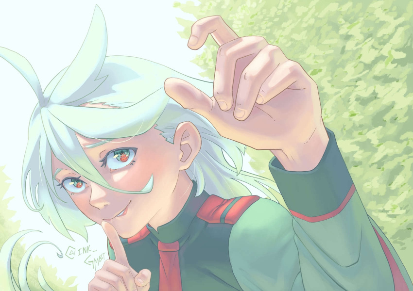 1girl ahoge arm_up asticassia_school_uniform biting dutch_angle english_commentary eye_reflection finger_to_mouth green_jacket grey_eyes grey_hair gundam gundam_suisei_no_majo hair_between_eyes highres ink_gmbt jacket lip_biting long_hair looking_at_another miorine_rembran necktie red_necktie reflection school_uniform shushing solo tree twitter_username upper_body