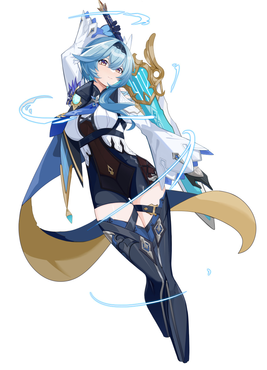 1506352126 1girl absurdres arm_up aura black_gloves black_hairband blue_cape blue_gloves blue_hair blue_necktie blush boots breasts cape chest_harness clothing_cutout cropped_legs crossed_bangs eula_(genshin_impact) genshin_impact gloves greatsword hair_between_eyes hair_ornament hairband harness high-waist_shorts highres holding holding_weapon huge_weapon large_breasts long_sleeves looking_to_the_side medium_hair multicolored_eyes necktie parted_bangs puffy_long_sleeves puffy_sleeves see-through_cutout shorts shoulder_cutout sidelocks simple_background solo song_of_broken_pines_(genshin_impact) sword thigh_boots thigh_gap thighs two-sided_gloves violet_eyes vision_(genshin_impact) weapon white_background white_sleeves yellow_eyes