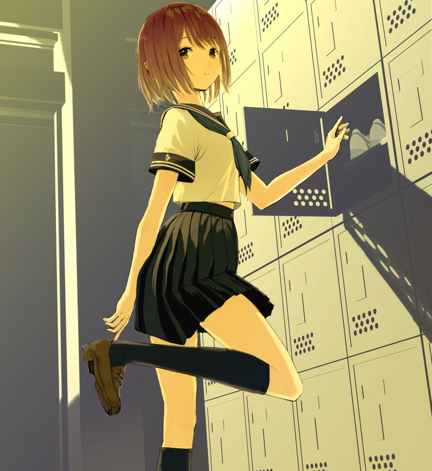 1girl black_skirt blue_neckerchief blue_sailor_collar blue_socks brown_footwear brown_hair closed_mouth commentary_request cropped_shirt emukami expressionless foot_out_of_frame getabako hair_between_eyes highres kneehighs loafers locker looking_at_viewer midriff_peek neckerchief original partial_commentary pleated_skirt removing_shoes sailor_collar school_uniform serafuku shade shirt shoes short_hair short_sleeves skirt socks solo standing sunlight white_serafuku white_shirt yellow_eyes
