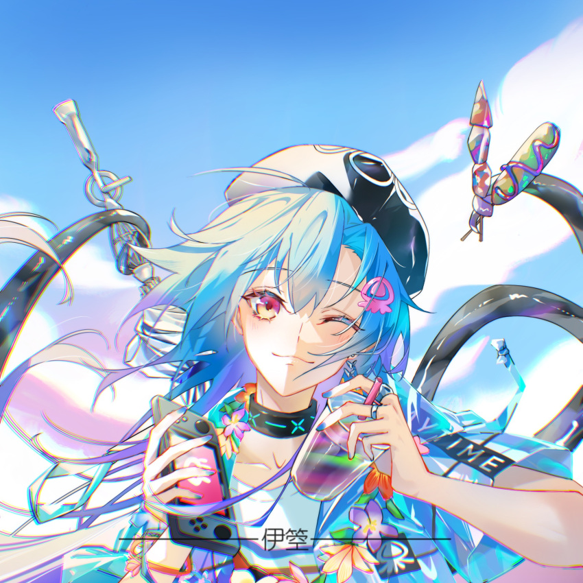 1boy arknights beret black_headwear blue_hair blue_jacket blue_nails blue_sky collarbone commentary_request cup day disposable_cup drinking_straw hair_between_eyes hair_ornament handheld_game_console hat head_tilt highres holding holding_cup jacket long_hair looking_at_viewer male_focus mizuki_(arknights) mizuki_(summer_feast)_(arknights) nail_polish official_alternate_costume open_clothes open_jacket outdoors shirt short_sleeves sky solo tentacles upper_body violet_eyes white_shirt wqzy380