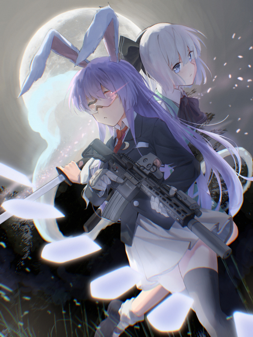 2girls animal_ears blue_eyes grey_hair highres hitodama konpaku_youmu konpaku_youmu_(ghost) long_hair mo_yu_de_jiaozi multiple_girls purple_hair rabbit_ears red_eyes reisen_udongein_inaba short_hair touken_ranbu