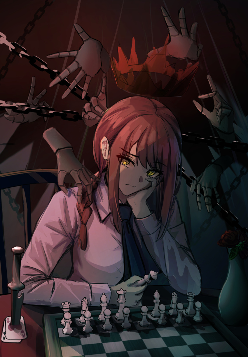 1girl black_necktie board_game braid braided_ponytail card chain chainsaw_man chair chess chess_piece commentary doll_joints essukaa_(e-su) flower head_rest highres holding holding_chess_piece joints knife long_hair long_sleeves makima_(chainsaw_man) necktie on_chair red_flower red_rose redhead ringed_eyes rose shirt sidelocks sitting table white_shirt yellow_eyes