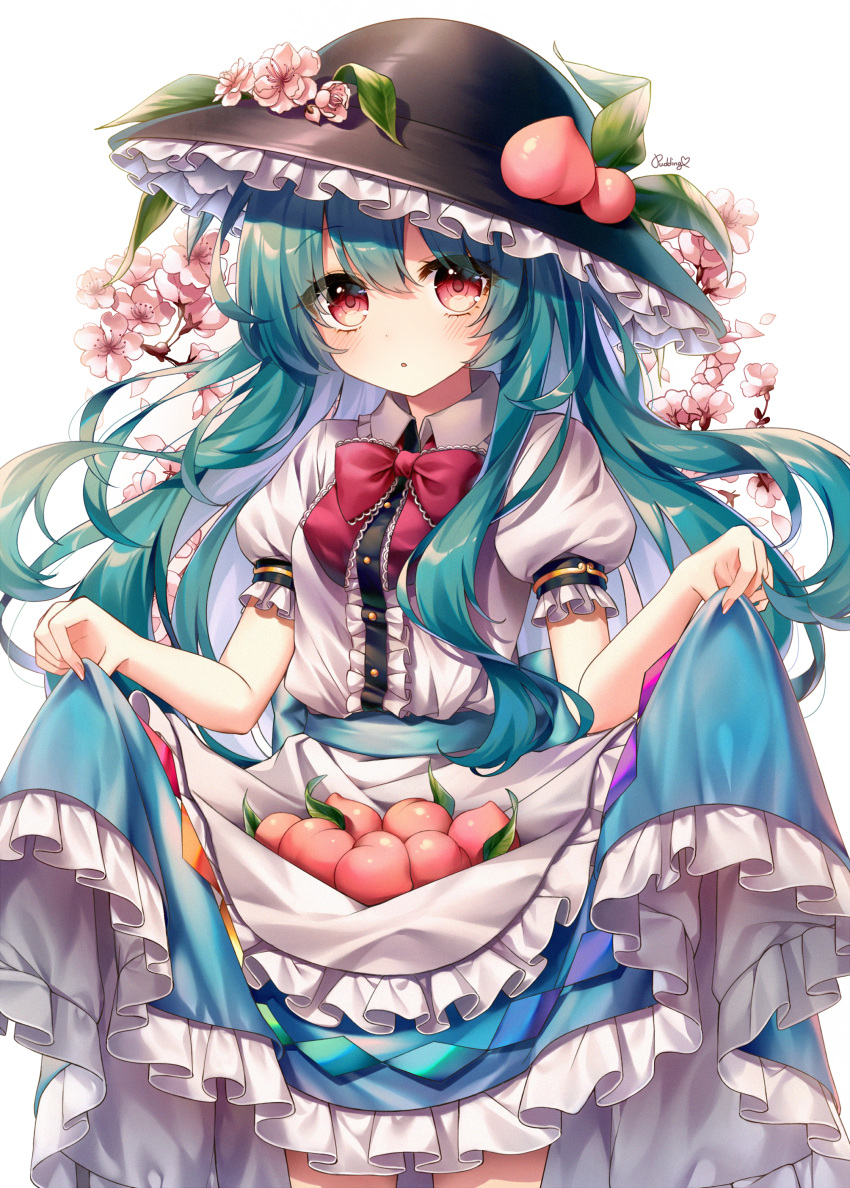 1girl absurdres black_headwear blue_hair blue_skirt blush bow bowtie buttons center_frills cherry_blossoms clothes_lift collared_shirt commentary cowboy_shot flower food frilled_skirt frills fruit fruit_hat_ornament hair_between_eyes hat hat_flower hat_ornament highres hinanawi_tenshi lifted_by_self long_hair looking_at_viewer parted_lips peach peach_hat_ornament pink_flower pudding_(skymint_028) puffy_short_sleeves puffy_sleeves red_bow red_bowtie red_eyes shirt short_sleeves sidelocks simple_background skirt skirt_lift solo touhou white_background white_shirt