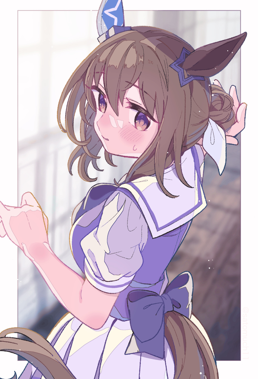 1girl admire_vega_(umamusume) alternate_hairstyle animal_ears arm_up blurry blurry_background blush border breasts brown_hair hair_bun highres horse_ears horse_girl horse_tail looking_at_viewer looking_back outside_border parted_lips purple_shirt raised_eyebrows sailor_collar satomachi school_uniform shirt short_hair short_sleeves skirt small_breasts solo sweatdrop tail tail_through_clothes tracen_school_uniform umamusume upper_body violet_eyes white_skirt