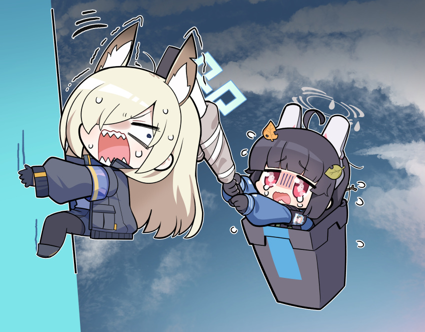 2girls ahoge animal_ear_fluff animal_ears armband black_gloves black_hair blonde_hair blue_archive blunt_bangs chibi clouds commentary dog_ears extra_ears fake_animal_ears fang flying_sweatdrops fox_ears fox_tail getting_over_it gloves gun halo highres holding holding_weapon in_container in_trash_can jacket kanna_(blue_archive) leaf leaf_on_head long_hair long_sleeves looking_at_another miyu_(blue_archive) multiple_girls nemoga open_mouth outdoors parody rabbit_ears recycle_bin red_eyes scared school_uniform shaded_face sweat sweating_profusely symbol-only_commentary tail tearing_up tears trash_can weapon