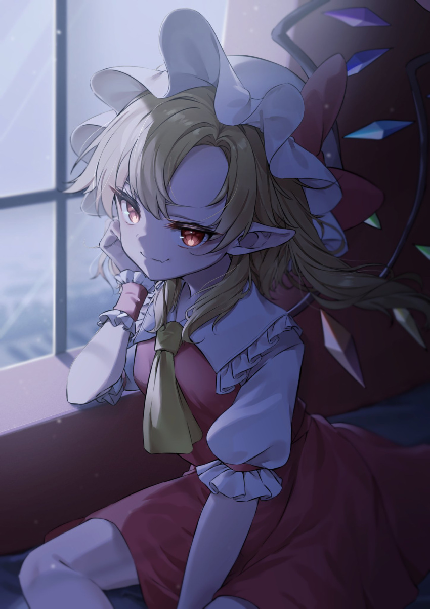 1girl ascot blonde_hair closed_mouth collared_shirt crystal flandre_scarlet hat highres indoors long_hair mob_cap one_side_up pointy_ears red_eyes red_skirt red_vest shirt short_sleeves skirt smile solo touhou vest wankosoradayo white_headwear white_shirt wings wrist_cuffs yellow_ascot