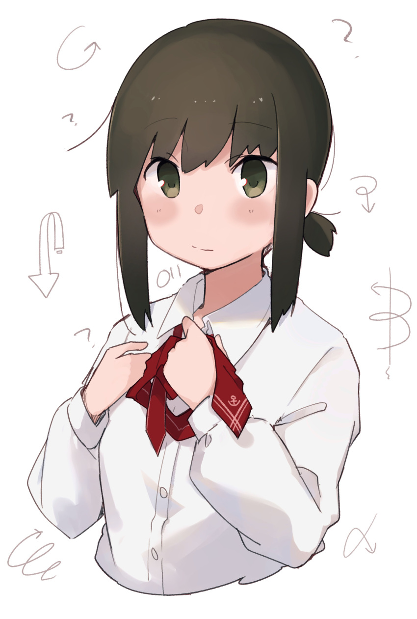 1girl absurdres alternate_costume arrow_(symbol) black_eyes black_hair breasts collared_shirt cropped_torso dress_shirt fubuki_(kancolle) highres kantai_collection ma_rukan medium_breasts necktie one-hour_drawing_challenge ponytail red_necktie shirt short_ponytail sidelocks simple_background solo tying upper_body white_background white_shirt
