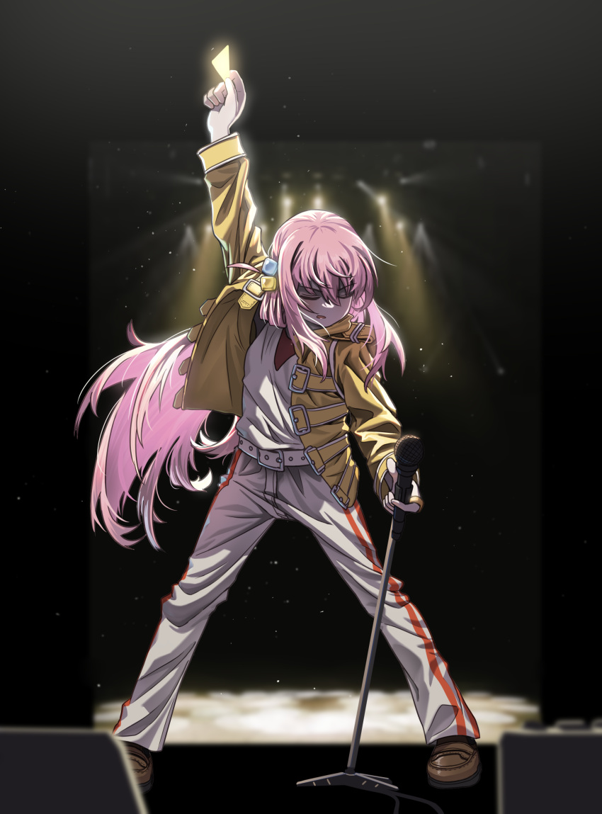 1girl absurdres arm_up belt bocchi_the_rock! brown_footwear cosplay cube_hair_ornament freddie_mercury freddie_mercury's_rage_pose_(meme) freddie_mercury_(cosplay) gotou_hitori hair_ornament highres holding holding_microphone holding_microphone_stand jacket long_hair meme microphone microphone_stand myjet one_side_up pants pink_hair shirt solo standing sunglasses white_belt white_pants white_shirt yellow_jacket
