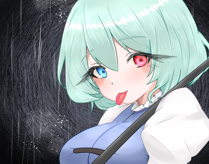 1girl absurdres black_background blue_eyes blue_hair breasts commentary_request heterochromia highres kogasa_day large_breasts light_blue_hair looking_at_viewer red_eyes short_hair solo sugar_you tatara_kogasa textless_version tongue tongue_out touhou upper_body