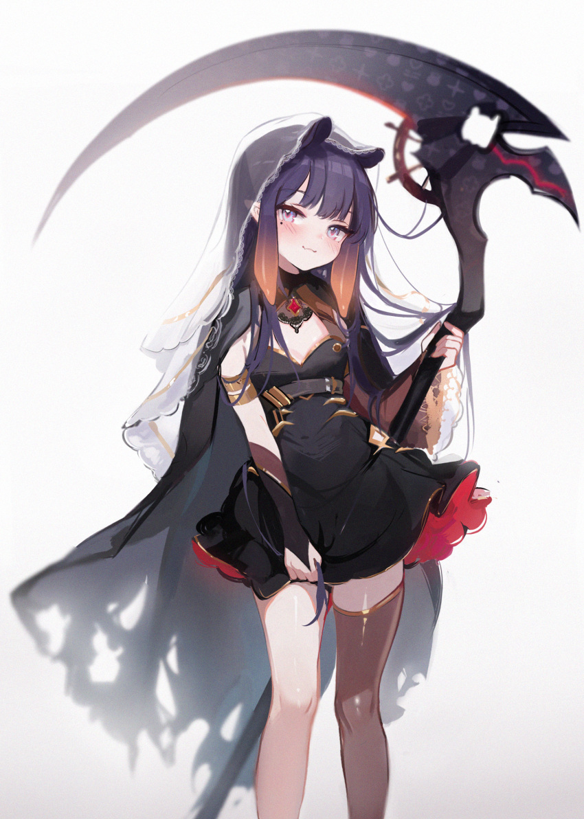 1girl blush brown_thighhighs closed_mouth cosplay gradient_hair highres holding holding_scythe holding_weapon hololive hololive_english koahri long_hair looking_at_viewer mole mole_under_eye mori_calliope mori_calliope_(cosplay) multicolored_hair ninomae_ina'nis orange_hair pointy_ears purple_hair scythe sidelocks simple_background single_thighhigh smile solo standing tentacle_hair thigh-highs veil virtual_youtuber weapon white_background