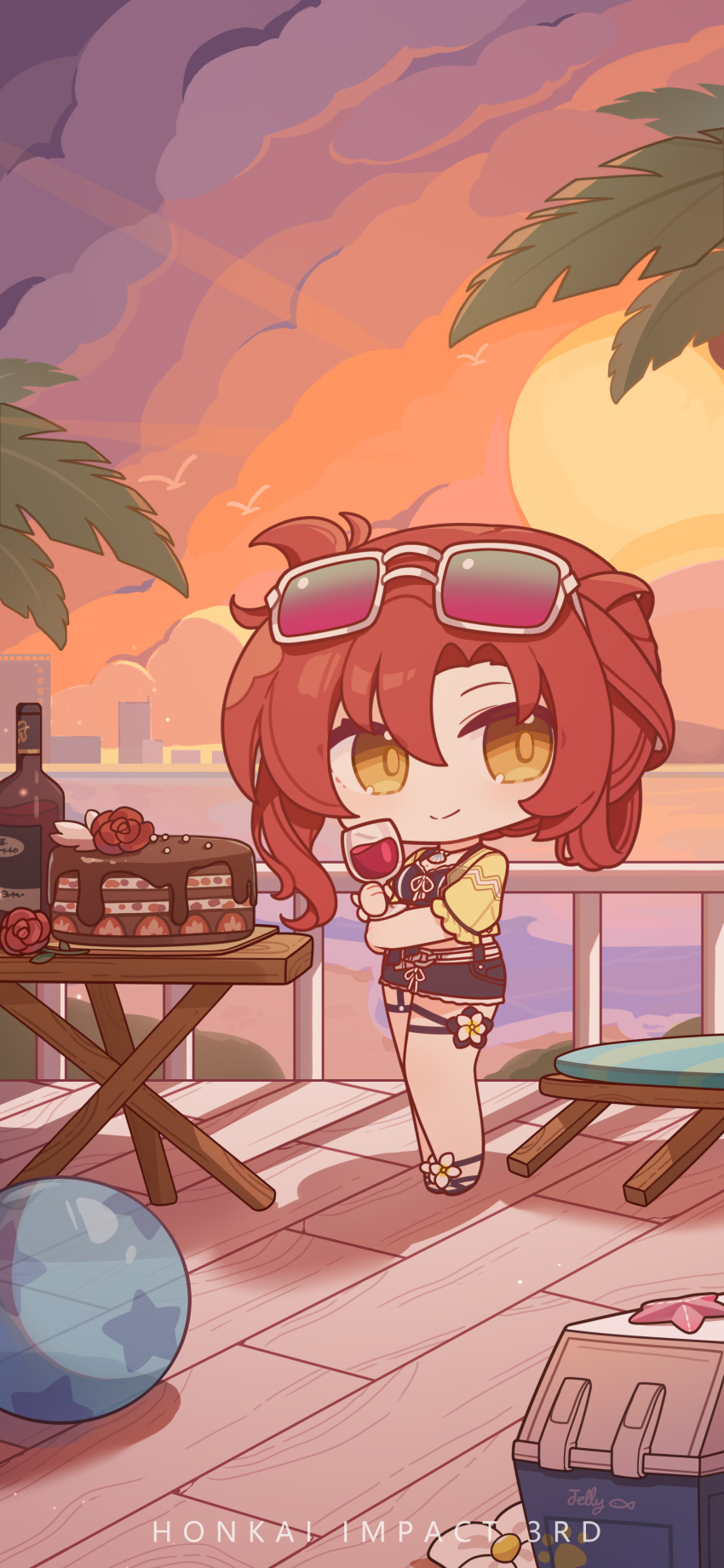 1girl absurdres alcohol black_shorts bottle breasts cake chibi chinese_commentary commentary_request cup eyewear_on_head fence flower food highres holding holding_cup honkai_(series) honkai_impact_3rd jewelry looking_at_viewer medium_hair mole mole_on_breast murata_himeko murata_himeko_(scarlet_fusion) necklace official_alternate_costume official_art official_wallpaper outdoors red_flower red_rose redhead rose shorts sky smile standing starfish sun sunset thigh_strap tree white_flower wine wine_bottle yellow_eyes