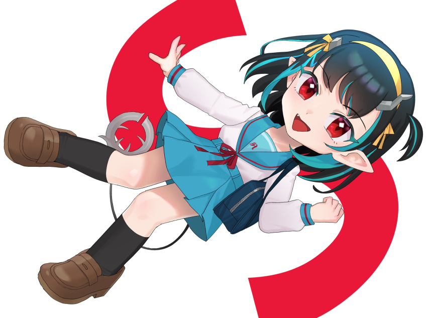 1girl black_hair black_socks blue_hair blue_sailor_collar blue_skirt blush brown_footwear buren commentary_request cosplay demon_girl demon_horns demon_tail fang flat_chest full_body hairband highres horns kita_high_school_uniform long_sleeves looking_at_viewer medium_hair multicolored_hair nanashi_inc. one_side_up open_mouth pleated_skirt pointy_ears red_eyes red_ribbon ribbon sailor_collar school_uniform serafuku shirt shishio_chris shoes skirt smile socks solo summer_uniform suzumiya_haruhi suzumiya_haruhi_(cosplay) suzumiya_haruhi_no_yuuutsu tail two-tone_hair virtual_youtuber white_background white_shirt yellow_hairband