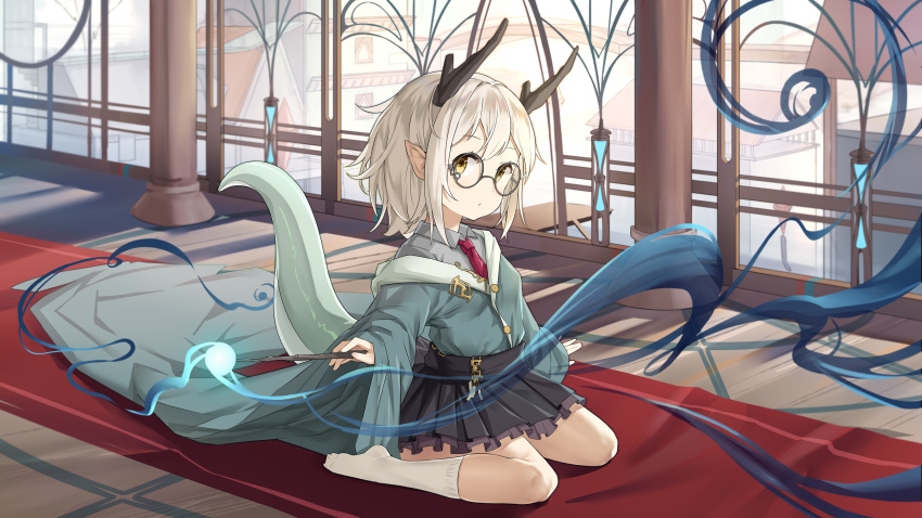 1girl black_skirt commentary_request dragon dragon_girl dragon_horns dragon_tail eastern_dragon flat_chest highres horns indoors koebushi_(mat) looking_at_viewer necktie original pointy_ears red_necktie round_eyewear short_hair sitting skirt socks solo tail wand wariza white_hair white_socks yellow_eyes