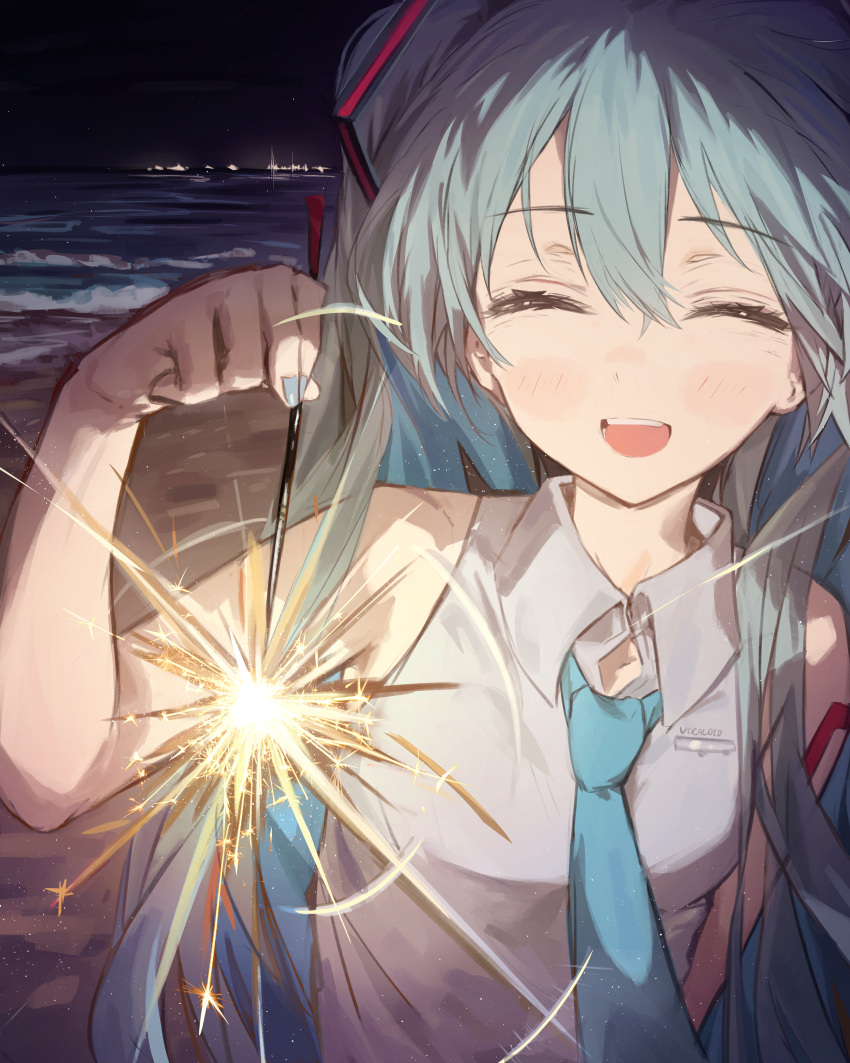 1girl absurdres aqua_hair aqua_nails aqua_necktie beach breasts closed_eyes collared_shirt commentary fireworks grey_shirt happy hatsune_miku highres holding_fireworks lens_flare long_hair mihoranran nail_polish necktie night ocean open_mouth outdoors shirt sleeveless sleeveless_shirt small_breasts smile solo sparkler teeth twintails upper_body upper_teeth_only vocaloid