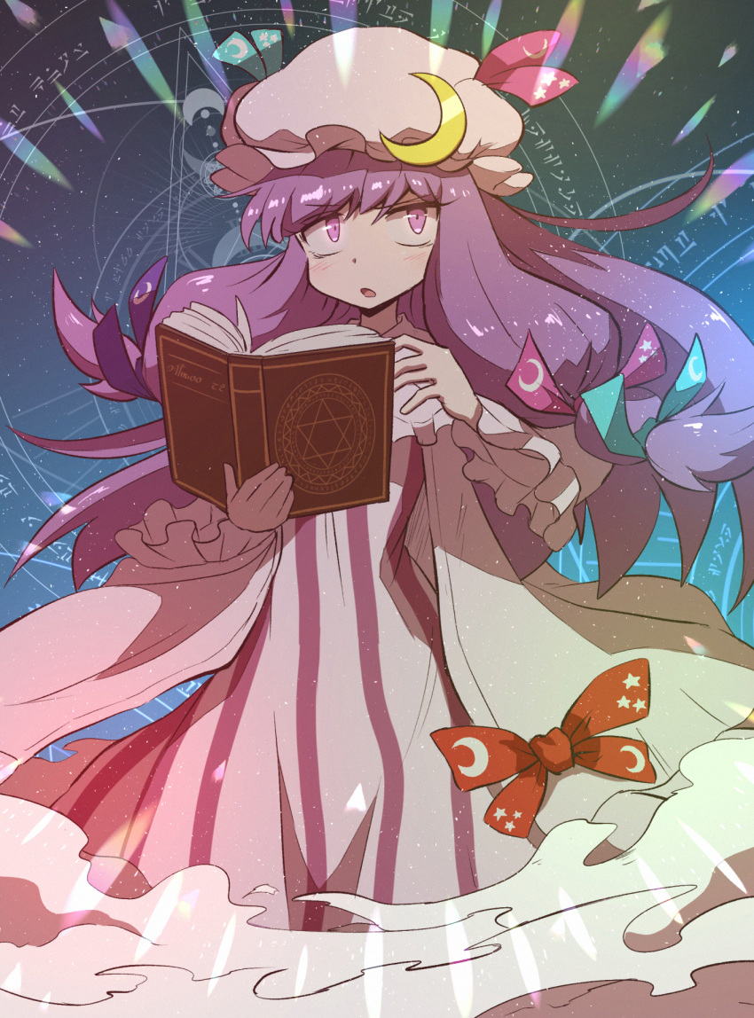 1girl bat_wings blush book bow crescent crescent_hat_ornament dot_nose green_bow hair_bow hat hat_ornament highres holding holding_book kurachi_mizuki long_hair magic_circle mob_cap multiple_hair_bows open_mouth patchouli_knowledge pink_bow purple_hair smoke solo touhou violet_eyes wide_sleeves wings