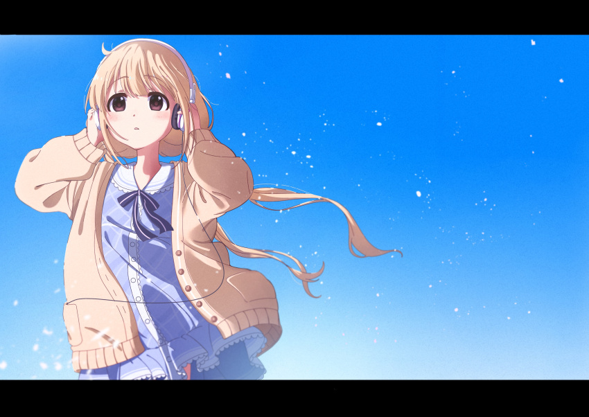 1girl blonde_hair blue_background blue_ribbon blue_shirt blue_skirt blurry blurry_foreground blush bow breasts brown_cardigan brown_eyes cardigan dot_nose futaba_anzu hair_bow hands_up headphones highres idolmaster idolmaster_cinderella_girls idolmaster_cinderella_girls_starlight_stage letterboxed long_hair long_sleeves looking_at_another low_twintails neck_ribbon open_cardigan open_clothes parted_lips plaid plaid_shirt ribbon shirt simple_background skirt small_breasts solo standing twintails very_long_hair vivid_(key)