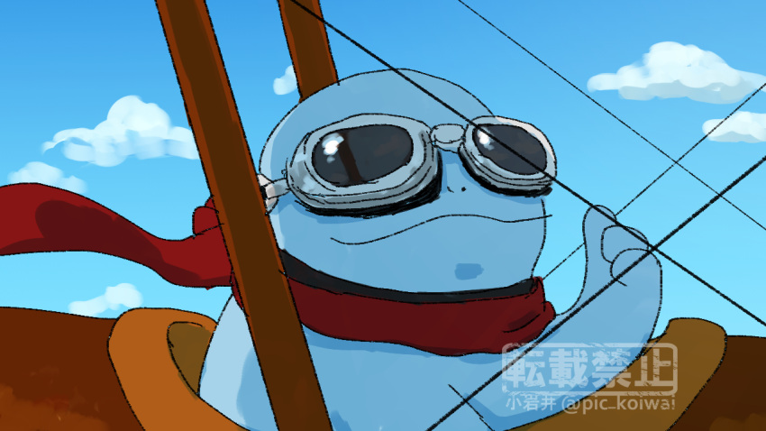 aircraft airplane artist_name biplane blue_sky clouds commentary_request flight_goggles goggles no_humans pic_koiwai pokemon pokemon_(creature) quagsire red_scarf scarf sky solo thumbs_up twitter_username upper_body watermark