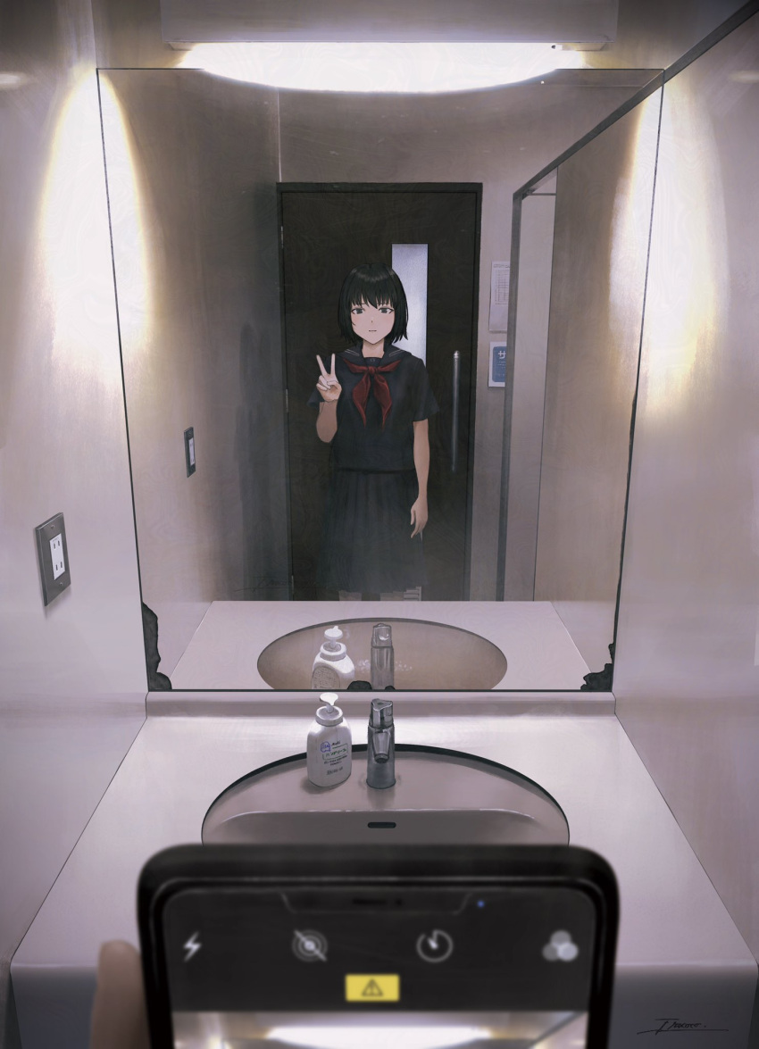 1girl 1other black_eyes black_hair black_sailor_collar black_serafuku black_shirt black_skirt blurry blurry_foreground cellphone closed_mouth commentary cowboy_shot different_reflection expressionless fracoco highres holding holding_phone horror_(theme) indoors looking_at_viewer mirror neckerchief original phone pleated_skirt pov red_neckerchief reflection sailor_collar school_uniform serafuku shirt short_hair short_sleeves signature sink skirt smartphone solo_focus taking_picture v
