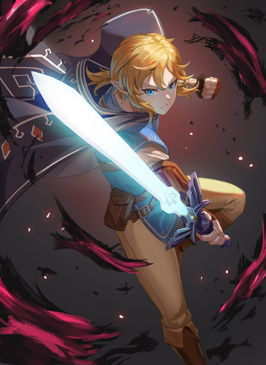 1boy absurdres belt blonde_hair blue_eyes blue_tunic booth_seating brown_footwear brown_pants cape clenched_hand closed_mouth elf feet_out_of_frame fingerless_gloves gloves glowing glowing_sword glowing_weapon gradient_background hair_between_eyes highres holding holding_sword holding_weapon link looking_at_viewer male_focus master_sword medium_hair pants pointy_ears pouch serious simple_background skl slashing solo standing standing_on_one_leg sword the_legend_of_zelda the_legend_of_zelda:_breath_of_the_wild tunic v-shaped_eyebrows weapon
