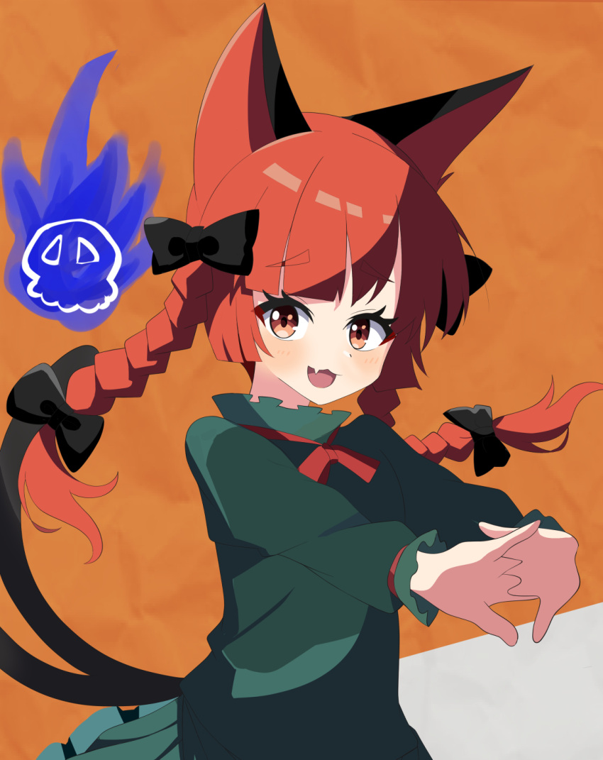 1girl :3 :d aika4472 animal_ears black_bow blunt_bangs bow braid cat_ears cat_tail commentary_request fang hair_bow hair_ribbon highres interlocked_fingers kaenbyou_rin light_blush long_hair looking_at_viewer multiple_tails nekomata open_mouth orange_background pink_eyes redhead ribbon simple_background skin_fang smile solo stretching tail touhou tress_ribbon twin_braids two_tails upper_body