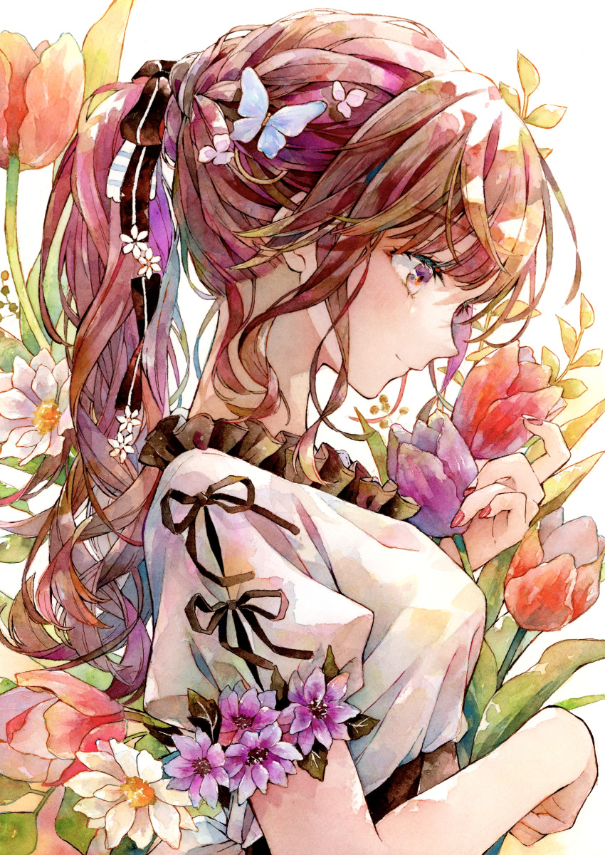 1girl absurdres bug butterfly closed_mouth flower frilled_sleeves frills from_side hair_flower hair_ornament highres long_hair original painting_(medium) ponytail puffy_short_sleeves puffy_sleeves purple_flower red_flower red_nails ribbon short_sleeves smile traditional_media tulip watercolor_(medium) white_flower yukoring