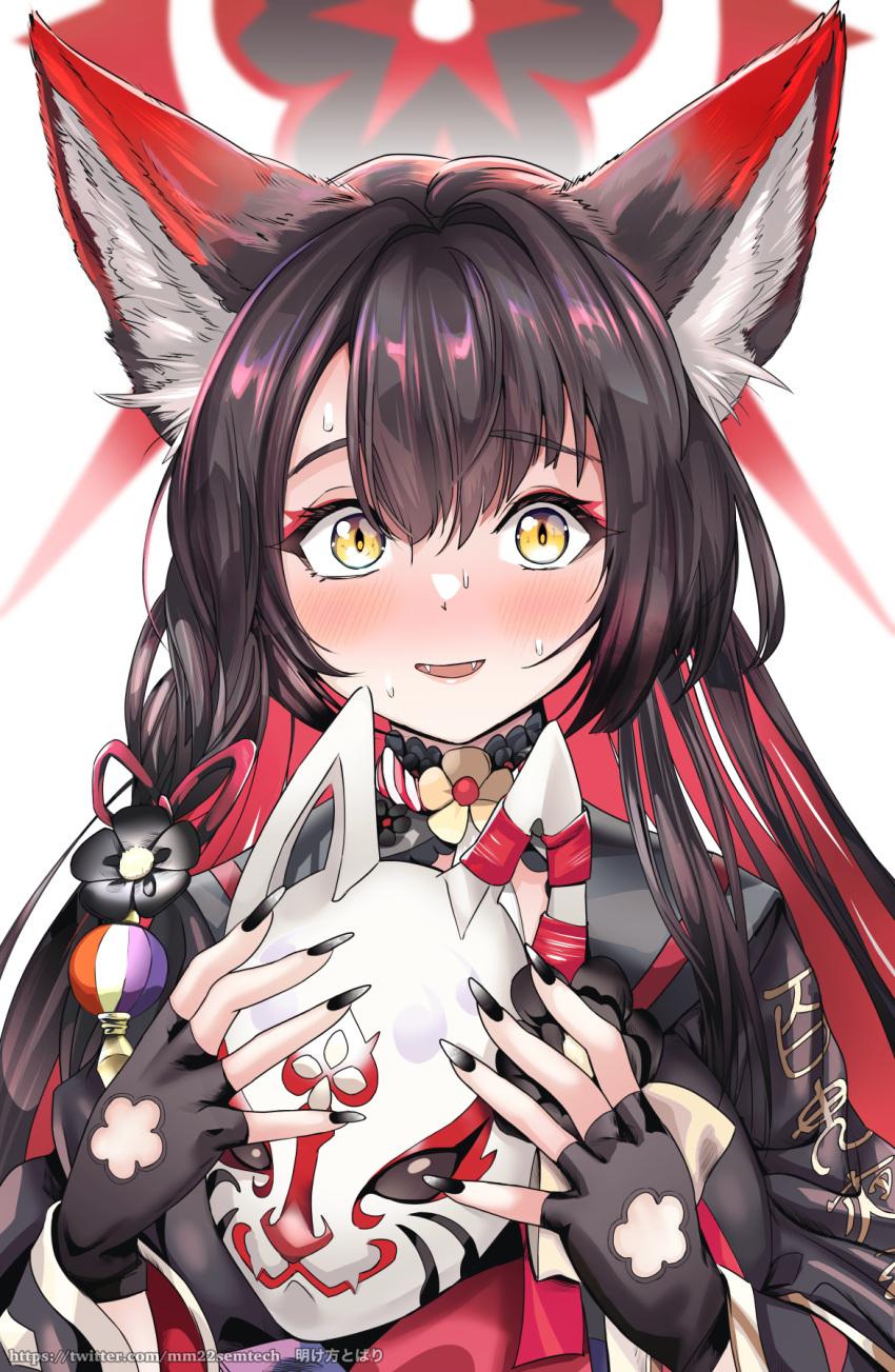 1girl akegata_tobari animal_ear_fluff animal_ears black_gloves black_hair black_kimono black_nails blue_archive blush colored_inner_hair fingerless_gloves fingernails fox_ears fox_girl fox_mask gloves halo highres holding holding_mask japanese_clothes kimono long_fingernails long_hair looking_at_viewer mask multicolored_hair redhead solo upper_body wakamo_(blue_archive) yellow_eyes