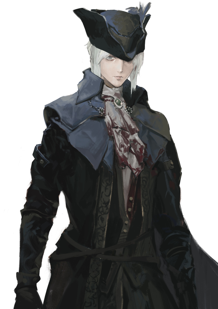 1girl absurdres ascot black_gloves black_headwear black_jacket blood blood_on_clothes bloodborne brooch closed_mouth gloves grey_eyes hat hat_feather highres jacket jewelry lady_maria_of_the_astral_clocktower lips long_sleeves looking_at_viewer one_eye_covered rocher-hd simple_background solo white_ascot white_background white_hair