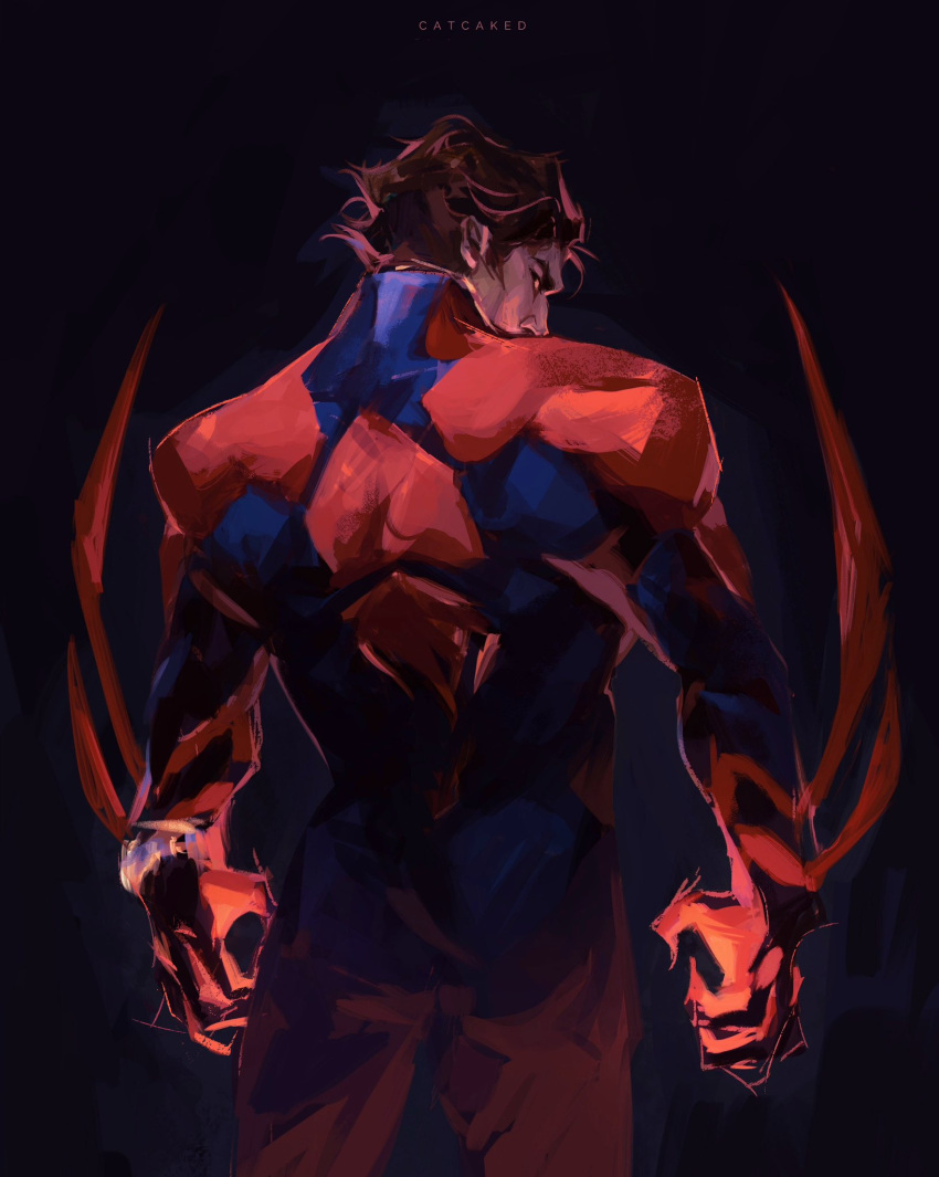 1boy arm_blade artist_name black_background black_eyes blue_bodysuit bodysuit brown_hair catcaked claws english_commentary from_behind glowing highres looking_back male_focus marvel miguel_o'hara muscular muscular_male red_bodysuit short_hair sideways_glance simple_background solo spider-man:_across_the_spider-verse spider-man_(2099) spider-man_(series) two-tone_bodysuit watch weapon