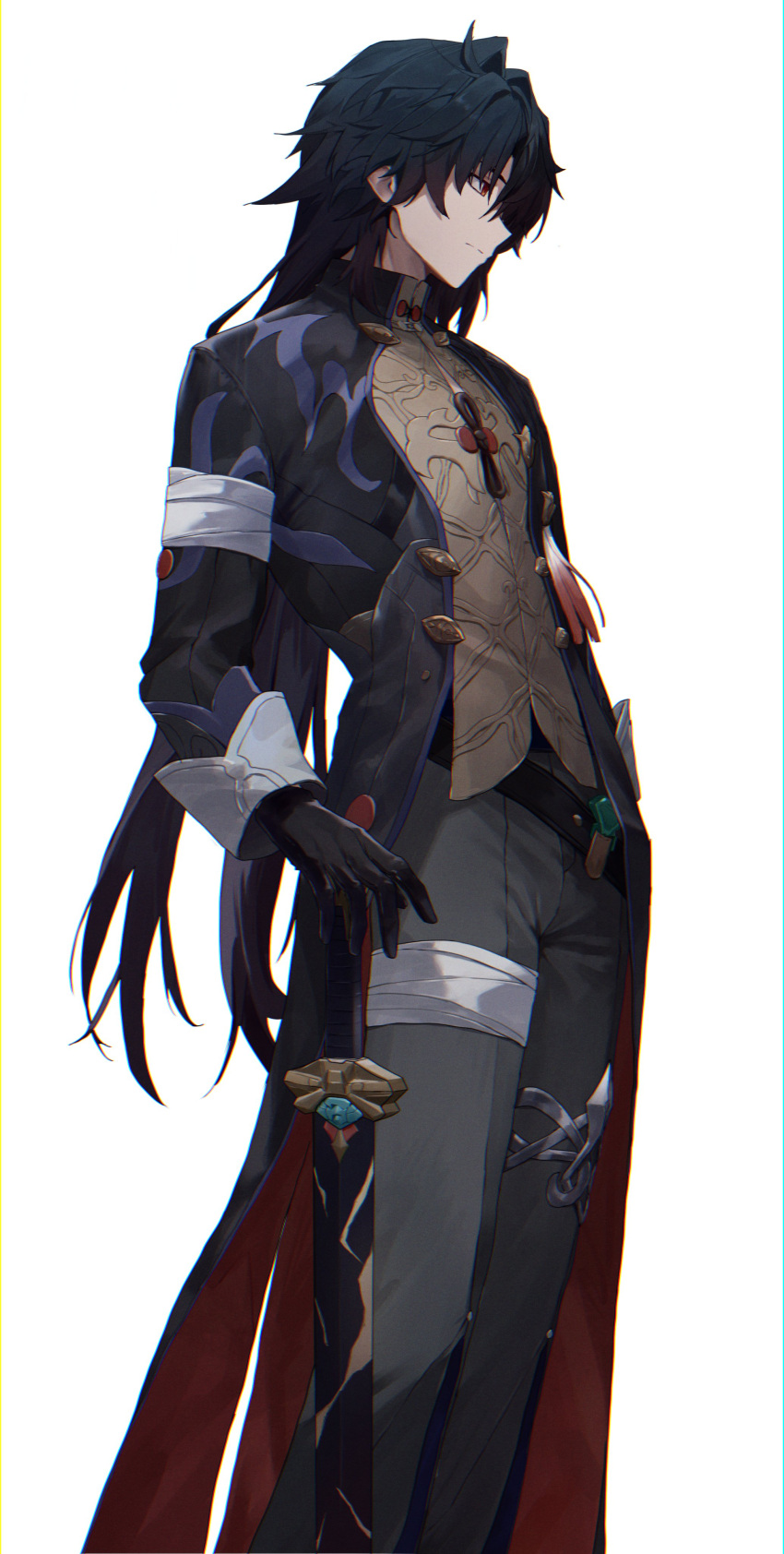 1boy absurdres armor bandaged_leg bandages black_gloves blade_(honkai:_star_rail) blue_coat blue_hair chinese_clothes coat commentary empty_eyes expressionless from_side gloves grey_pants hair_over_one_eye hand_on_own_hip highres honkai:_star_rail honkai_(series) long_coat long_hair male_focus pants profile red_eyes shirt simple_background solo tassel toi1et_paper very_long_hair white_background yellow_shirt
