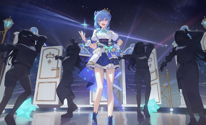 :d absurdres aqua_bow blue_eyes blue_footwear blue_hair blue_nails blue_skirt bow brooch dancing door earphones frilled_skirt frills green_bow highres hololive hoshimachi_suisei idol jewelry lamppost laser looking_at_viewer lser116 music people puffy_sleeves red_eyeliner shirt short_sleeves side_ponytail sidelocks singing skirt smile stage stage_lights standing thighs vest virtual_youtuber waist_cape white_shirt white_vest wrist_cuffs