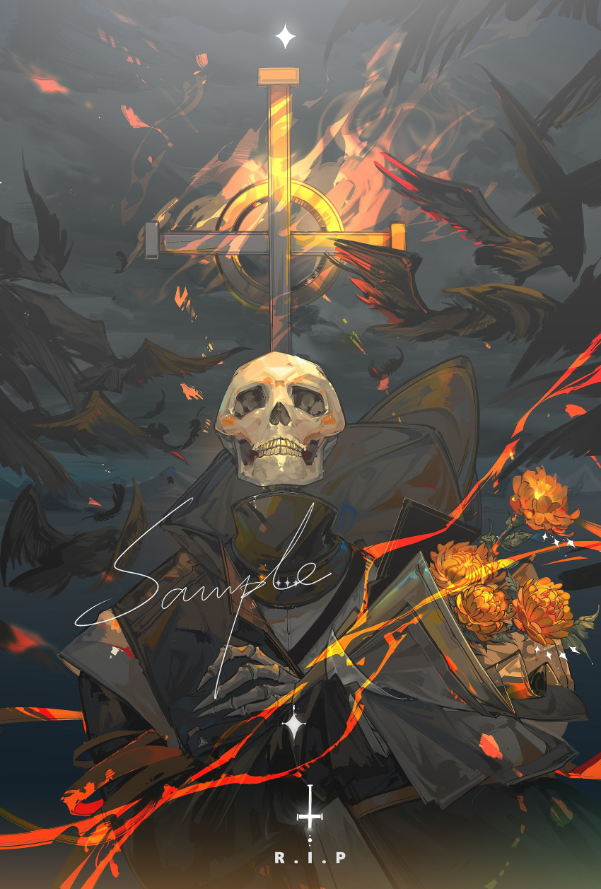 1other absurdres ambiguous_gender arknights bird black_jacket bouquet chinese_commentary chrysanthemum cross crossed_arms crow doctor_(arknights) dongsheng fire flower highres inverted_cross jacket long_sleeves orange_flower other_focus rest_in_peace_(phrase) sample_watermark skeleton skull solo symbolism tombstone