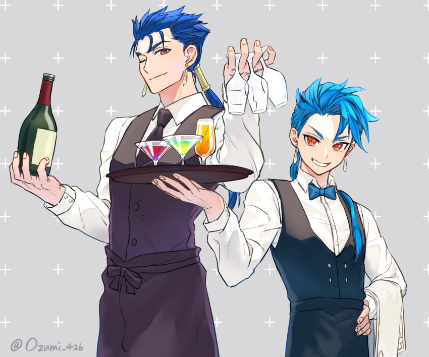 2boys alcohol black_necktie blue_bow blue_bowtie blue_hair bottle bow bowtie child collared_shirt cu_chulainn_(fate) cup drinking_glass earrings fate/grand_order fate_(series) hand_on_own_hip highres holding holding_tray jewelry long_hair looking_at_viewer male_child male_focus multiple_boys necktie one_eye_closed ozumi_426 ponytail red_eyes setanta_(fate) shirt signature simple_background smile tray upper_body waistcoat waitress white_background white_shirt wine wine_bottle