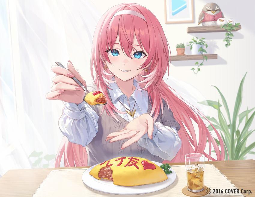 alternate_costume alternate_hairstyle blue_eyes bow earrings food guchico hair_between_eyes hair_bow hairband highres holding holding_food hololive jewelry long_hair looking_at_viewer necklace official_art omelet puffy_sleeves redhead shirt smile solo straight_hair takane_lui upper_body virtual_youtuber