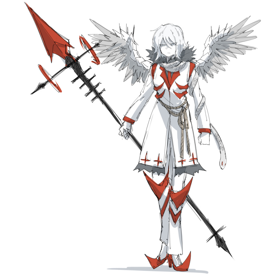 1girl e.g.o_(project_moon) faust_(limbus_company) feathered_wings fur_collar grey_hair holding holding_polearm holding_weapon kankan33333 limbus_company polearm project_moon red_footwear rope shoes snake spear weapon white_snake wings