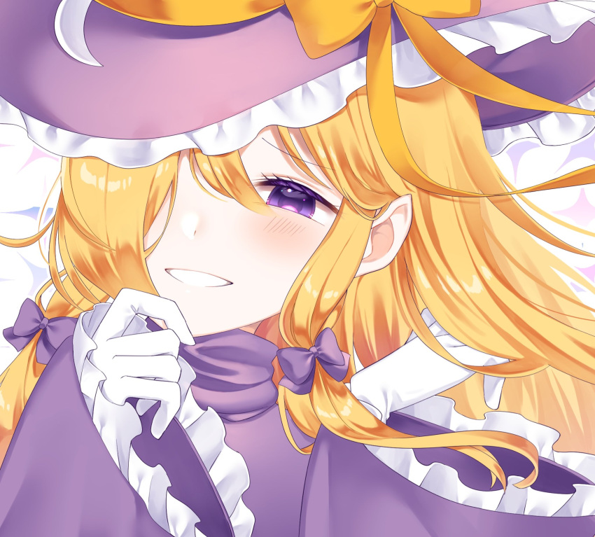 1girl blonde_hair bow crescent dress frilled_hat frilled_sleeves frills gloves hair_over_one_eye hand_on_own_chin hat hat_bow highres kirisame_marisa kirisame_marisa_(pc-98) long_hair long_sleeves milll_77 phantasmagoria_of_dim.dream purple_dress purple_headwear ribbon smile solo touhou touhou_(pc-98) turtleneck violet_eyes white_gloves wide_sleeves witch_hat