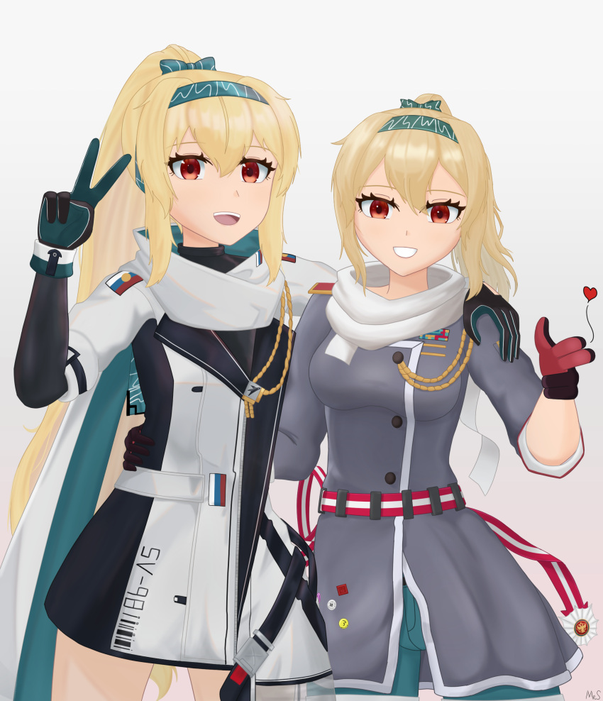 2girls absurdres blonde_hair bow finger_gun girls_frontline gloves hair_between_eyes hair_bow hairband heart highres jacket long_hair looking_at_viewer mr.something multiple_girls red_eyes russian_flag simple_background sv-98_(girls'_frontline) sv-98_(mod3)_(girls'_frontline) v white_jacket