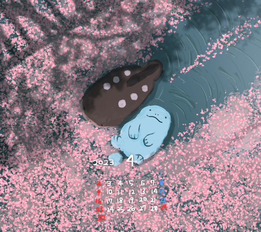 afloat calendar_(medium) clodsire commentary_request from_above highres lake no_humans petals pic_koiwai pokemon pokemon_(creature) quagsire ripples tail tree_shade